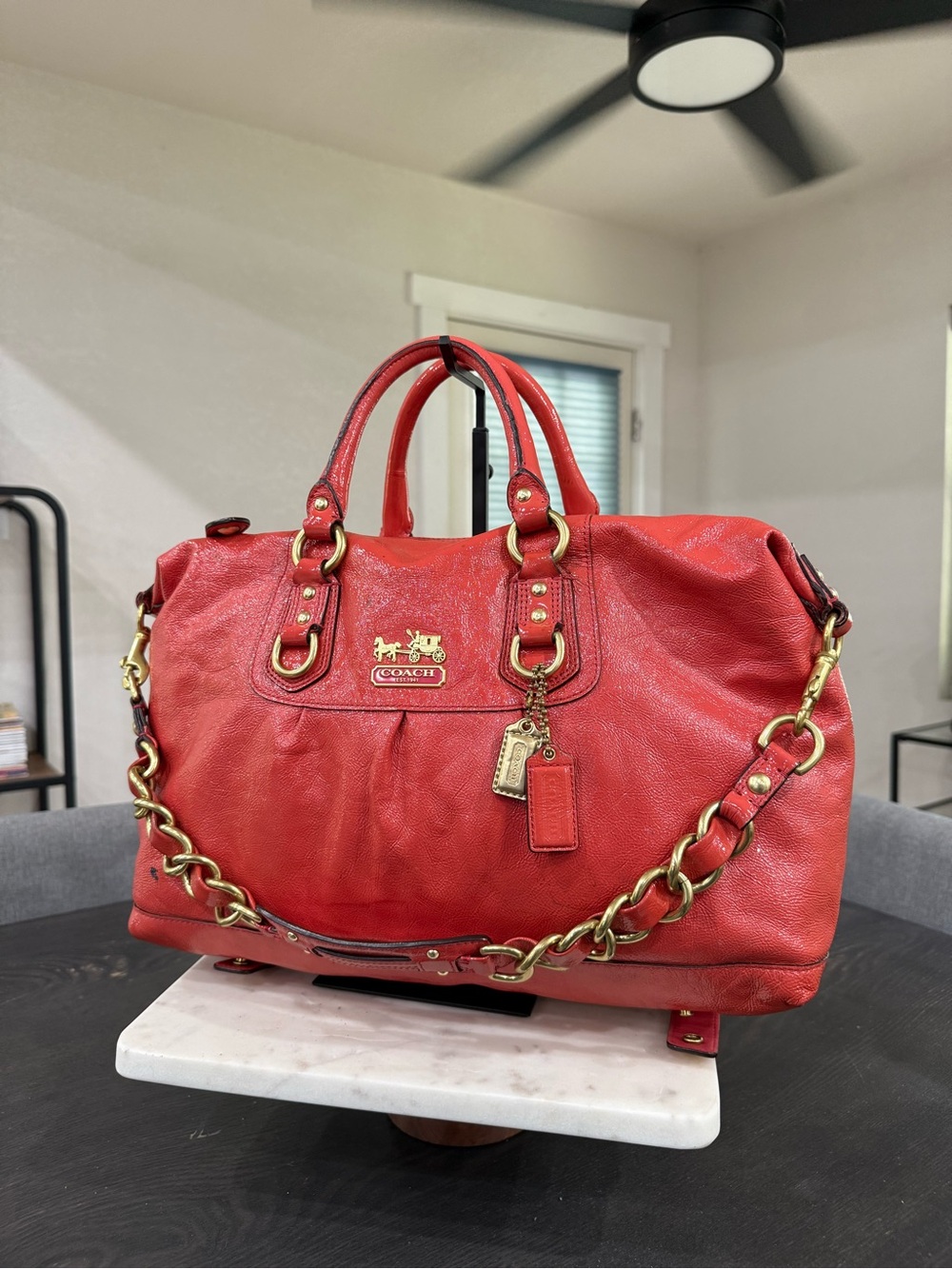 Coach Burnt Orange/Pink Leather Satchel with Gold Chain Detailing